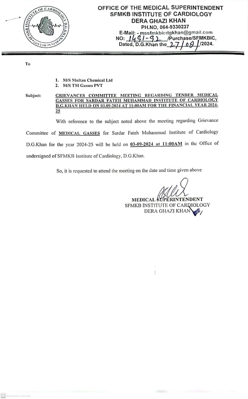 GRIEVANCES COMMITTEE MEETING REGARDING TENDER MEDICAL GASSES FOR SARDAR FATEH MUHAMMAD INSTITUTE OF CARDIOLOGY D.G.KHAN HELD ON 03.09-2024 AT 11:00AM FOR THE FINANCIAL YEAR 2024-25