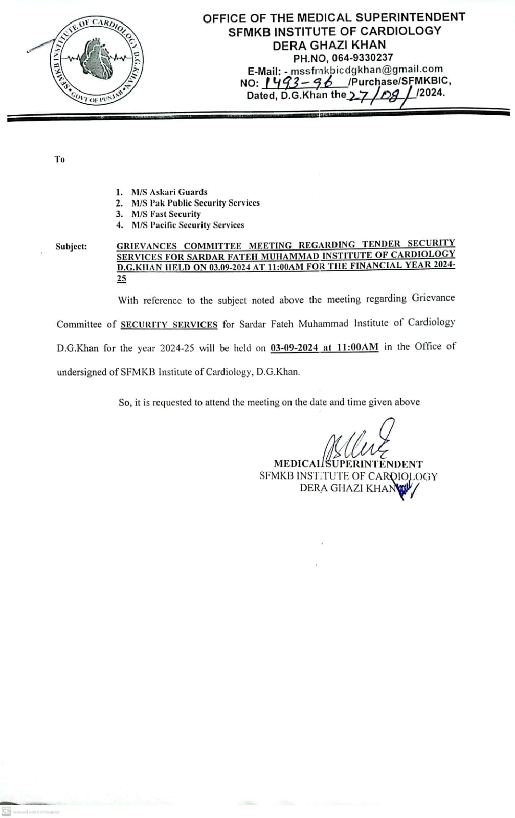 GRIEVANCES COMMITTEE MEETING REGARDING TENDER SECURITY SERVICES FOR SARDAR FATEH MUHAMMAD INSTITUTE OF CARDIOLOGY D.G.KHAN HELD ON 03.09-2024 AT 11:00AM FOR THE FINANCIAL YEAR 2024-25