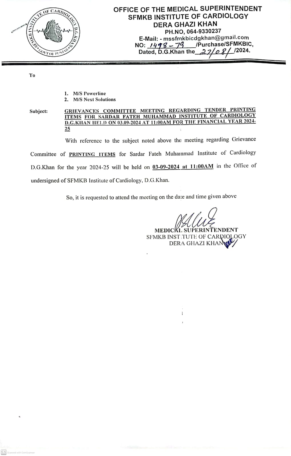 GRIEVANCES COMMITTEE MEETING REGARDING TENDER PRINTING ITEMS FOR SARDAR FATEH MUHAMMAD INSTITUTE OF CARDIOLOGY D.G.KHAN HELD ON 03.09-2024 AT 11:00AM FOR THE FINANCIAL YEAR 2024-25